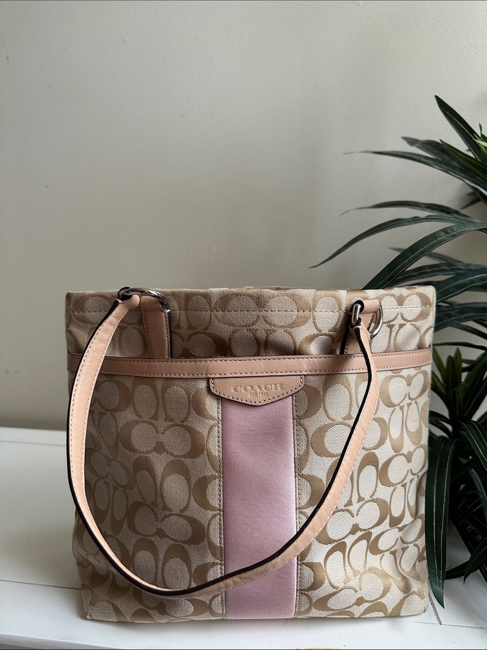 Coach Beige Monogram Tote with Pink Center Stripe